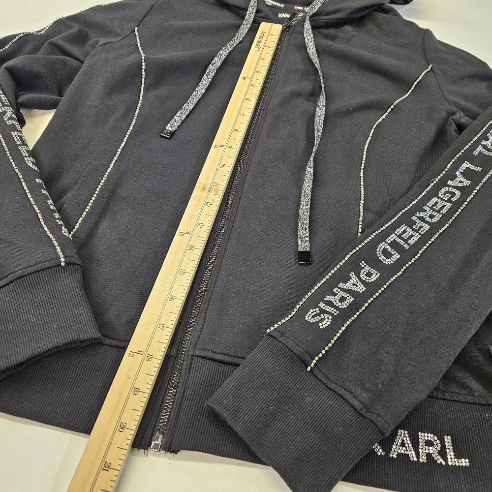 Karl Lagerfeld Black Hoodie Full Zip Spellout Tape With Sparkles Womens Small - Picture 5 of 8